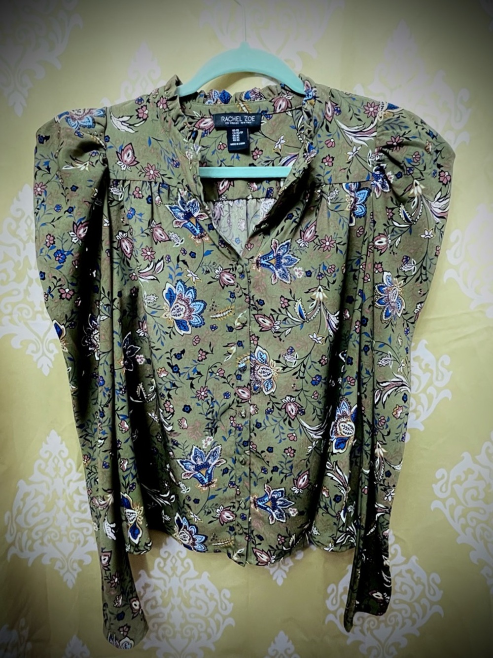 Rachel Zoe Olive Green Floral Print , Puffy Sleeves Button Down Blouse